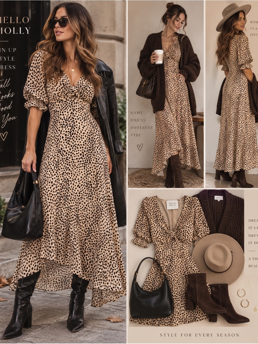 Hello Molly Beige Black Animal Print Midi high low dress Size 6 Cottagecore